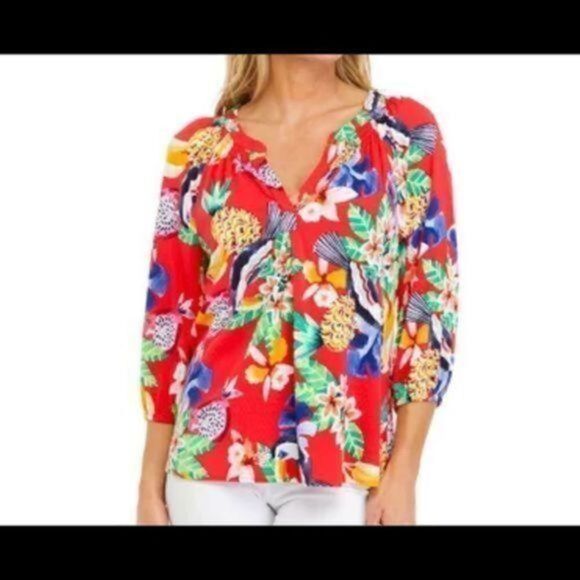CROWN & Ivy Hawaiian floral/bird print top 3/4 sleeves split V-neck Women’s L - Picture 2 of 11